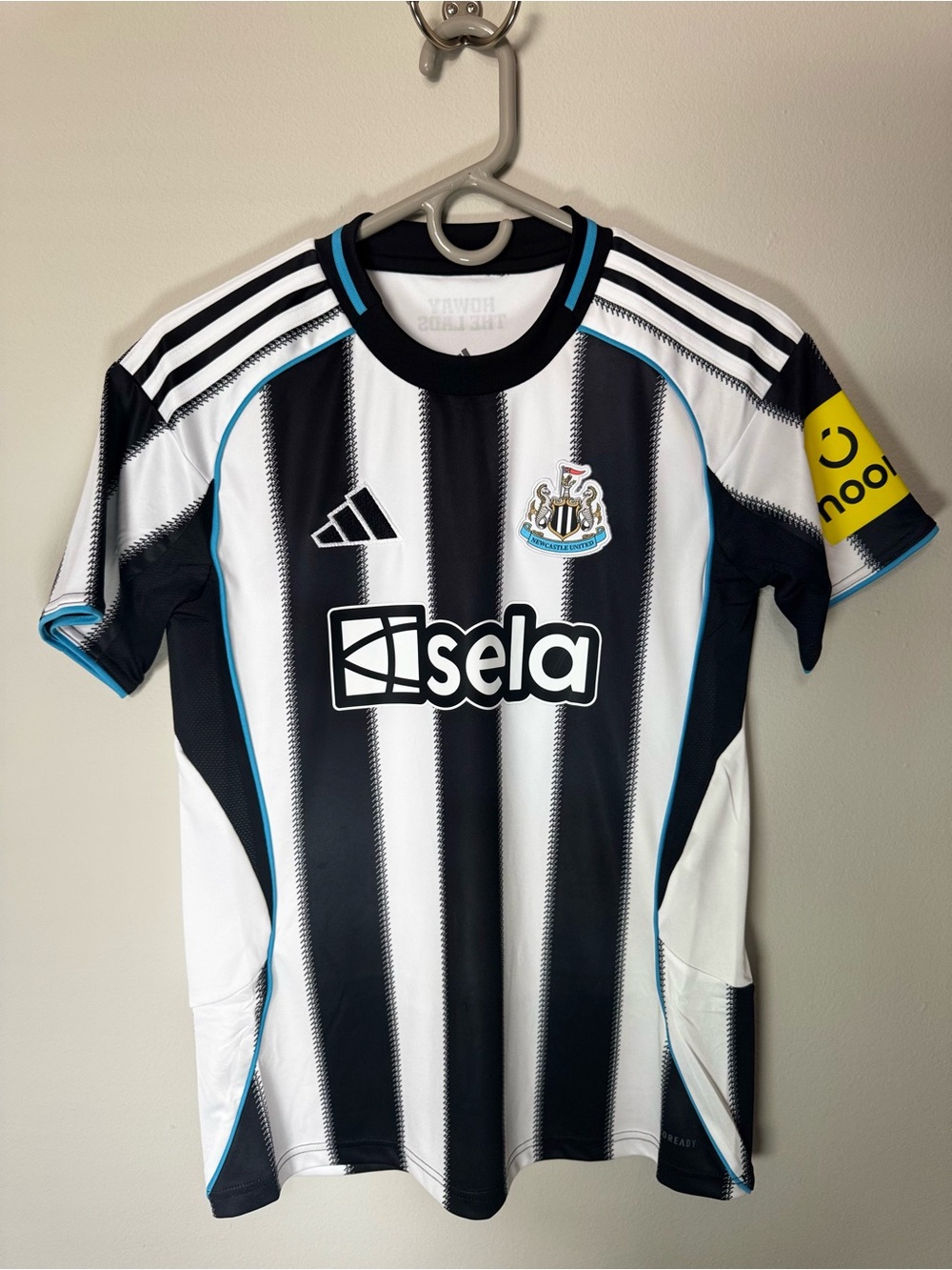adidas Black and White Striped Newcastle United Soccer Jersey with Teal Trim
